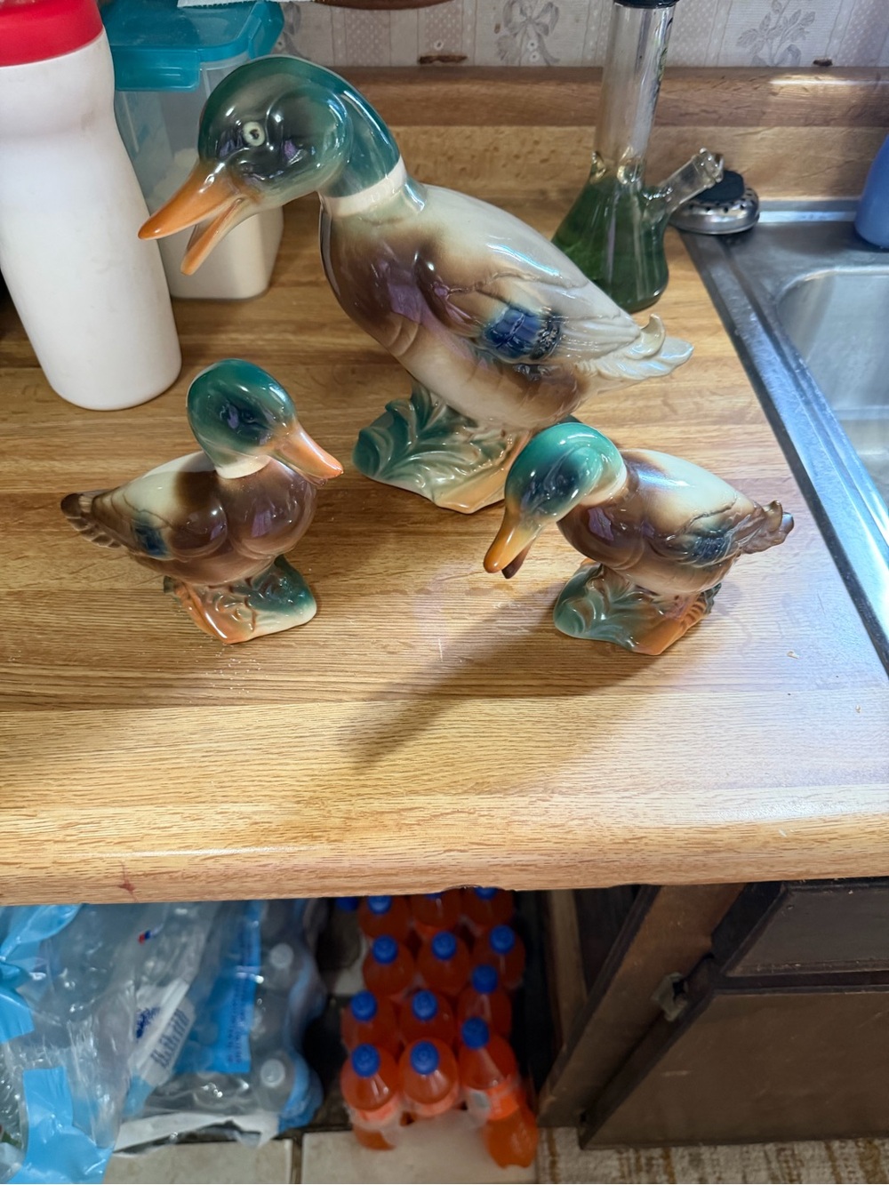 Ceramic Duck Figurine Set - Green and Brown Decorative Ducks